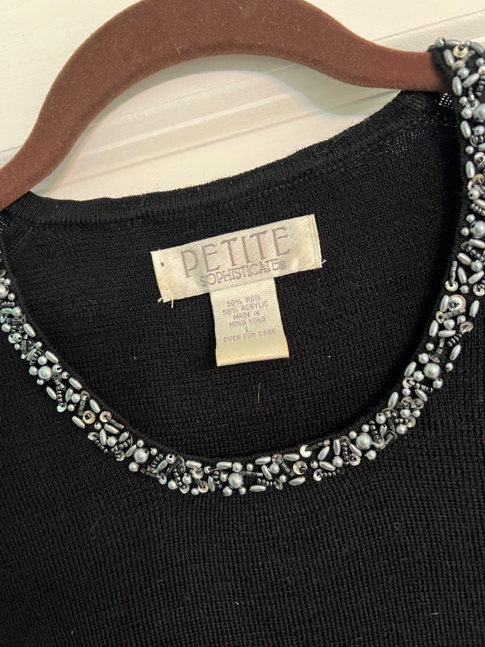 Petite Sophisticate Seed Pearl Bead-Detailed Crewneck Sweater, L